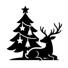 Monochrome black design of reindeer standing beside pine tree