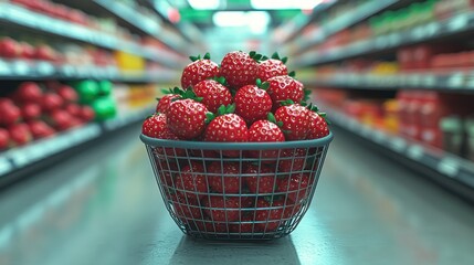 Fresh strawberries in a supermarket basket.