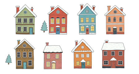 Fototapeta premium Charming winter homes collection in flat style with festive decor and snowy roofs