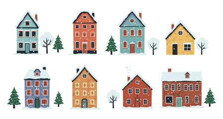 Naklejka premium Charming winter village with snowy houses and pine trees
