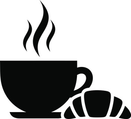 Steaming coffee cup and croissant silhouette