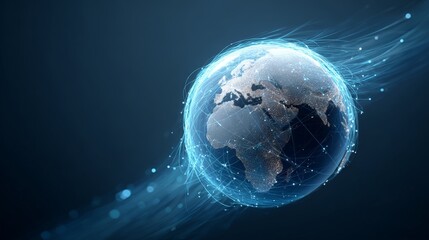 Digital world map depicting seamless data flow around earth, illustrating global communication, internet connectivity, and artificial intelligence networks in a futuristic context