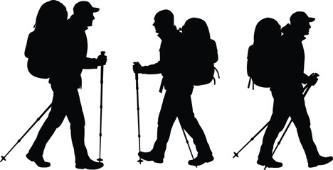Silhouette of hikers walking with backpacks and trekking poles, outdoor adventure, mountain hiking, travel exploration and nature lifestyle concept