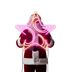 Santa Claus in a red suit holds a glowing pink star-shaped neon light. The background is transparent, emphasizing the festive decoration.