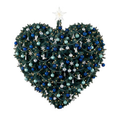 A heart-shaped Christmas tree decorated with blue and silver ornaments, topped with a star. Isolated on a transparent background.