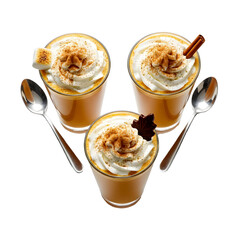 Three glasses of creamy beverages topped with whipped cream, caramel, and spices. Isolated on a transparent background, perfect for food-related designs.