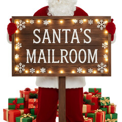 Santa Claus holds a wooden sign that reads 'Santa's Mailroom' with lights. Colorful wrapped gifts are stacked in front. Transparent background.