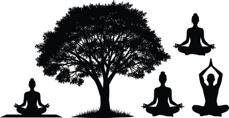 Silhouette of people practicing yoga meditation under tree, mindfulness and spiritual relaxation in nature, peaceful lifestyle and wellness concept illustration