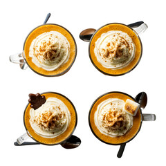 Four cups of coffee with whipped cream and toppings on a transparent background. Each cup has a unique garnish, showcasing different styles of coffee drinks.