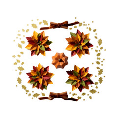 Colorful autumn leaves arranged in a circular pattern with decorative bows. Isolated on a transparent background, suitable for seasonal designs.