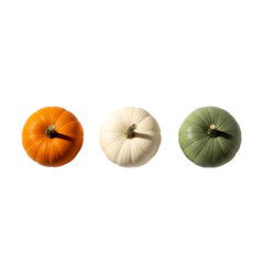 Three pumpkins in varying colors: orange, white, and green. Each pumpkin is round and has a smooth surface, isolated on a transparent background.