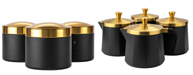 Set of Elegant Black and Gold Mokka Pots, Front View, Isolated on Transparent Background