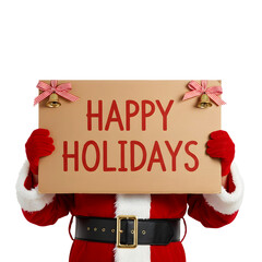 Santa Claus in a red suit holds a sign that reads 'HAPPY HOLIDAYS'. The background is transparent, emphasizing the festive message.