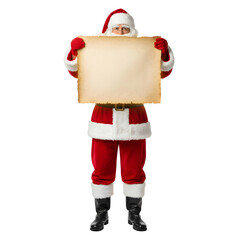 Santa Claus in a red suit holds a blank parchment scroll. The background is transparent, emphasizing the character's festive attire and the empty scroll.