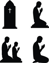 Silhouette of people praying near grave, religion faith concept, cemetery worship illustration, spiritual mourning and remembrance vector design art