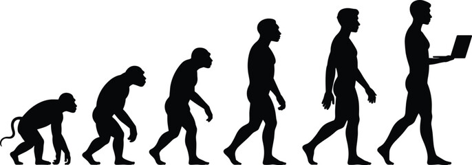 Human evolution silhouette, monkey to modern man, evolutionary stages vector, anthropology design, technology progress illustration, isolated black figure, science artwork
