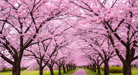 Blossoming cherry tree avenue vivid pink flowers blooming spring path serene natural beauty