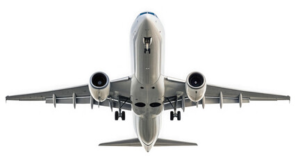 Commercial airplane viewed from below, isolated on transparent background