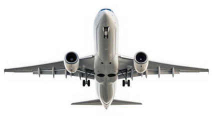 Commercial airplane viewed from below, isolated on transparent background