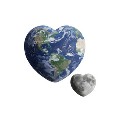 A heart-shaped Earth and a smaller heart-shaped Moon on a transparent background. The Earth displays continents and oceans vividly, while the Moon has a gray, cratered surface.
