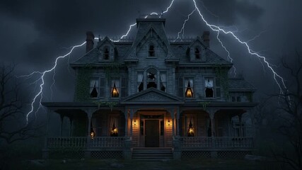 Spooky Haunted House with Lightning Strike on a Dark and Stormy Night - Powered by Adobe