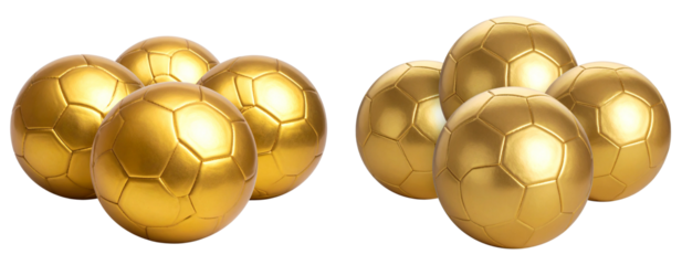  Angled Composition of Three Gold Soccer Balls with Reflections, Luxury Sports Theme, Isolated on Transparent Background