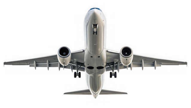 Commercial airplane viewed from below, isolated on transparent background