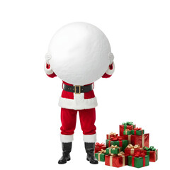 Santa Claus in a red suit holds a large snowball. Colorful wrapped gifts are stacked beside him. Transparent background, isolated PNG.