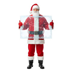 Santa Claus in a red suit holds a transparent panel with snowflakes. He has a white beard and wears black boots. The background is isolated and transparent.