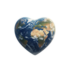 A heart-shaped globe representing Earth. The continents and oceans are clearly visible. The background is transparent, emphasizing the shape of the heart.