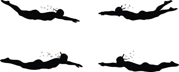 Silhouette of people snorkeling underwater, swimming with fins and mask, aquatic adventure and marine exploration water sport illustration design