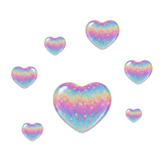 Colorful, iridescent hearts in various sizes on a transparent background. The hearts display a blend of pastel colors, creating a playful and whimsical effect.