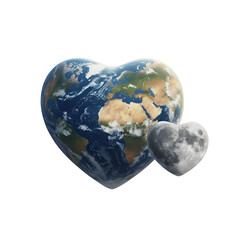 A heart-shaped Earth with a smaller heart-shaped moon, both on a transparent background. The scene symbolizes love for the planet and celestial bodies.