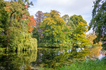 Slope green grass and trees in city urban park, Rijsterborgherpark or Singelplantsoen, Located near Deventer Station, Netherlands. High quality photo