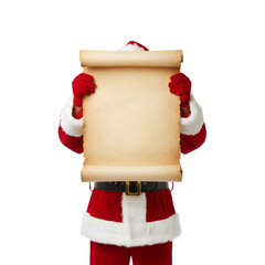 Santa Claus in a red suit holds a blank parchment scroll. The background is transparent, emphasizing the character and the scroll's details.