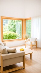 Fototapeta premium Generative AI bright airy living room with garden view.