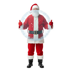 Santa Claus in a red suit with a white beard, wearing a mask, giving thumbs up. Surrounded by a large snowflake circle. Transparent background, isolated PNG.