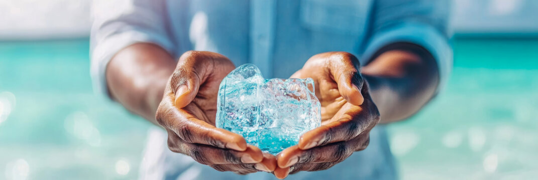 Person's cupped hands delicately holding shimmering blue ice cubes over vibrant, blurred turquoise water background, emphasizing coolness and purity