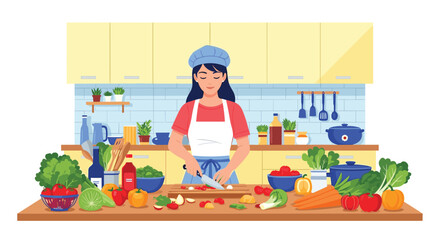 Woman preparing fresh, colorful vegetables in a bright kitchen, ideal for healthy lifestyle blogs, cooking websites, and promoting nutritious recipes online!