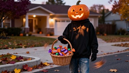 Person with Jack-o-Lantern Head Holding Candy Basket on Halloween