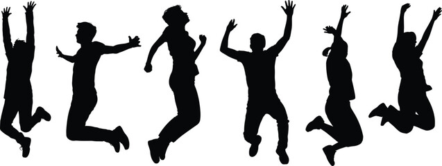 Jumping silhouette illustration, people in motion, celebration pose vector, lifestyle design artwork, isolated black human figure, energetic posture graphic