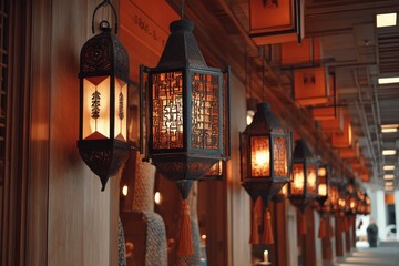 Ornate Lanterns Along A Wooden Corridor In A Traditional Asian Street