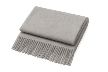 Folded gray wool throw blanket with fringe