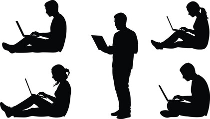 Silhouette of people using laptops while sitting and standing, remote work, freelancer lifestyle, digital technology communication and modern workspace concept