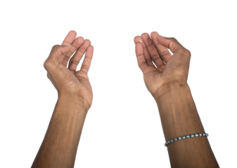 Both hands raised with open cupped palms in front position. Black skin male making abstract gesture