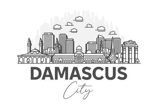 Damascus, Syria architecture line skyline illustration with shadows. Linear vector cityscape with famous landmarks, city sights, design icons.