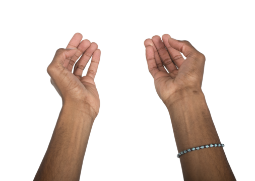 Both hands raised with open cupped palms in front position. Black skin male making abstract gesture - Powered by Adobe