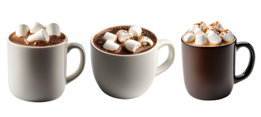cup of coffee with chocolate,set of cup of rich hot chocolate with large, soft marshmallows floating on top isolated on transparent background	
