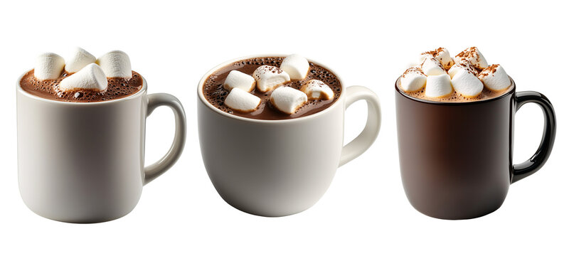 cup of coffee with chocolate,set of cup of rich hot chocolate with large, soft marshmallows floating on top isolated on transparent background	