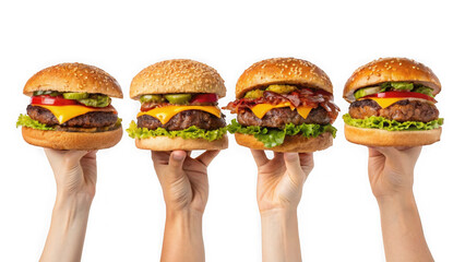 Four delicious gourmet burgers held up by hands isolated on transparent background